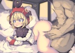 Rule 34 | 1boy, 1girl, ass, azur lane, bed, blonde hair, blush, bottomless, commentary request, commission, doggystyle, from behind, hetero, hood, hoodie, medium hair, norfolk (azur lane), pixiv commission, purple eyes, sex, sex from behind, solo focus, tennsai12345