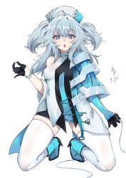 Rule 34 | 1girl, black gloves, blue eyes, blue footwear, blue hair, boots, breasts, full body, girls&#039; frontline, girls&#039; frontline neural cloud, gloves, hair ornament, hat, heart, heart-shaped pupils, high heel boots, high heels, highres, kneeling, light blue hair, long hair, looking at viewer, medium breasts, muzi (muaz), nurse, nurse cap, open mouth, pa-15 (girls&#039; frontline), solo, symbol-shaped pupils, teeth, thighhighs, upper teeth only, white background, white thighhighs