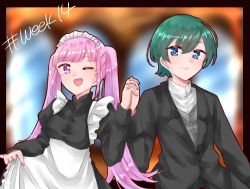 Rule 34 | 1boy, 1girl, alternate costume, apron, blue eyes, blush, byleth (fire emblem), byleth (male) (fire emblem), clothes lift, dress, dress lift, enmaided, fire emblem, fire emblem: three houses, formal, hilda valentine goneril, holding hands, karingityou, long hair, long sleeves, maid, maid headdress, matching hair/eyes, nintendo, one eye closed, open mouth, pink eyes, pink hair, short hair, smile, suit, twintails