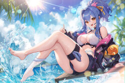Rule 34 | 1girl, absurdres, amelia (world flipper), ass, bare legs, bare shoulders, barefoot, bikini, bikini under clothes, black choker, black jacket, black shorts, blue hair, breasts, choker, cleavage, day, earpiece, feet, hair intakes, hair ornament, highres, index finger raised, jacket, knees up, large breasts, leg up, long hair, long sleeves, looking at viewer, micro shorts, midriff, navel, off shoulder, open clothes, open jacket, open mouth, orange eyes, outdoors, ponytail, puffy sleeves, shanguier, shorts, skindentation, smile, solo, splashing, sunlight, swimsuit, thigh strap, thighs, toes, water, white bikini, world flipper