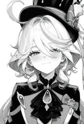 Rule 34 | 1girl, ahoge, blush, coat, furina (genshin impact), genshin impact, half-closed eyes, hat, highres, looking at viewer, monochrome, seductive smile, simple background, smile, solo, top hat, white background, white hair, whitia100