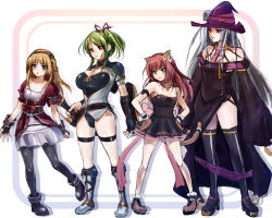 Rule 34 | 4girls, animal ears, bare shoulders, blonde hair, blue eyes, boots, breasts, cat ears, cat girl, dress, female focus, flat chest, green eyes, green hair, hands on own hips, hat, high heels, huge breasts, inoue makito, legs, long hair, multiple girls, outside border, pantyhose, red eyes, red hair, shiny skin, silver hair, simple background, skirt, small breasts, thighhighs, witch hat