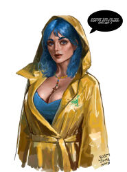 1girl absurdres aged_up blue_eyes blue_hair breasts cleavage coat commentary cross cross_necklace english_text expressionless highres jewelry jubilee_2025 justsomenoob large_breasts luce_(jubilee_2025) necklace signature solo upper_body yellow_coat yellow_raincoat