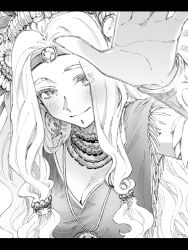 Rule 34 | 1girl, bead necklace, beads, breasts, circlet, cleavage, fate/grand order, fate (series), greyscale, highres, jewelry, letterboxed, long hair, low-tied long hair, monochrome, necklace, pendant, quetzalcoatl (fate), smile, solo