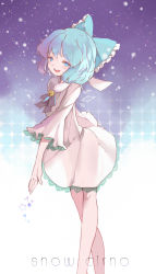 Rule 34 | 1girl, alternate costume, bell, blue eyes, blue hair, bow, cirno, dress, english text, hair bow, ice, ice wings, open mouth, reeh (yukuri130), smile, snowing, star (symbol), touhou, wings