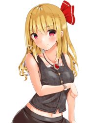 Rule 34 | 1girl, alternate hair length, alternate hairstyle, bare arms, bare shoulders, black skirt, black vest, blonde hair, blush, breasts, commentary request, fujiko (emnprmn), hair between eyes, hair ribbon, highres, jewelry, long hair, looking at viewer, medium breasts, midriff peek, navel, pendant, plaid, plaid vest, red eyes, red ribbon, ribbon, rumia, sidelocks, simple background, skirt, smile, solo, touhou, upper body, vest, watch, white background, wristwatch