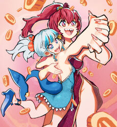 Rule 34 | 2girls, absurdres, alternate costume, alternate hairstyle, backless dress, backless outfit, blue eyes, blue flower, blue hair, blush, coin, dancing, dress, fingernails, fins, fish tail, flower, gawr gura, grey hair, hand on another&#039;s back, heart, heart in eye, high heels, highres, holding hands, hololive, hololive english, houshou marine, interlocked fingers, long dress, long fingernails, long hair, multicolored hair, multiple girls, nail polish, no panties, open mouth, pelvic curtain, pink nails, ponytail, pumps, red dress, red eyes, red hair, shark tail, sharp teeth, short dress, shrimp hair ornament, side slit, streaked hair, symbol in eye, tail, teeth, virtual youtuber, yokadokadon