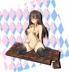 Rule 34 | 10s, 1girl, aqua eyes, bare shoulders, black thighhighs, blush, breasts, brown hair, candy, chocolate, chocolate bar, curvy, food, heart, heart o-ring, heart ring bottom, highres, idolmaster, idolmaster cinderella girls, long hair, medium breasts, navel, no shoes, oversized object, shibuya rin, sitting, slingshot swimsuit, solo, swimsuit, thick thighs, thighhighs, thighs, wide hips, wing (wingxx01w)