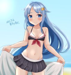 Rule 34 | 1girl, ame-san, bikini, bikini skirt, black bikini, black skirt, blue eyes, blue hair, blue sky, breasts, commentary request, cosplay, cowboy shot, dated, gradient hair, hair flaps, hair ornament, hairclip, highres, jacket, kantai collection, long hair, looking at viewer, multicolored hair, navel, samidare (kancolle), skirt, sky, small breasts, solo, swept bangs, swimsuit, twitter username, very long hair, white jacket, yuudachi (kancolle), yuudachi (kancolle) (cosplay)