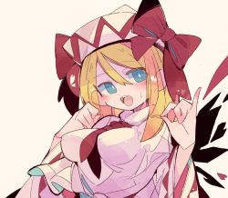 Rule 34 | 1girl, blonde hair, blue eyes, bow, breasts, bright pupils, finger touching, hat, hat bow, highres, lily white, long hair, long sleeves, looking at viewer, massakasama, medium breasts, necktie, open mouth, pointy hat, red bow, red necktie, shirt, simple background, solo, sweatdrop, touhou, upper body, white background, white hat, white pupils, white shirt, wide sleeves