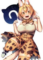 Rule 34 | 10s, 1girl, :d, animal ears, bare shoulders, belt, blonde hair, bow, bowtie, breasts, brown eyes, cat ears, cat tail, elbow gloves, gloves, gluteal fold, japari symbol, kemono friends, large breasts, open mouth, paw pose, serval (kemono friends), serval print, serval tail, skindentation, smile, solo, striped tail, tail, thighhighs, yana (nekoarashi)