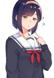 Rule 34 | 1girl, ?, black shirt, bob cut, brown eyes, brown hairband, collared shirt, commentary request, dress shirt, fingernails, hairband, hand up, highres, long sleeves, looking away, neckerchief, original, parted lips, pointing, pointing at self, purple hair, red neckerchief, shirt, short hair, simple background, solo, upper body, white background, yuki arare