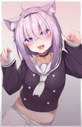Rule 34 | 1girl, :d, absurdres, ahoge, animal ear fluff, animal ears, black hairband, black shirt, blush, cat ears, commentary request, crop top, eyes visible through hair, hair over eyes, hairband, hands up, highres, hololive, kana616, long sleeves, looking at viewer, midriff, navel, nekomata okayu, nekomata okayu (casual), open mouth, purple eyes, purple hair, sailor collar, shirt, shorts, sleeves past wrists, smile, solo, spanish commentary, virtual youtuber, white sailor collar, white shorts