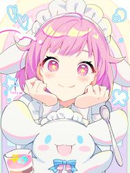 Rule 34 | 1girl, animal ears, blue eyes, blush, blush stickers, cinnamoroll, closed mouth, commentary, cup, dog ears, head rest, heart, highres, holding, holding cup, holding spoon, looking at viewer, maid headdress, ootori emu, open mouth, pink eyes, pink hair, project sekai, sanrio, short hair, signature, smile, solo, spoon, star-shaped pupils, star (symbol), symbol-shaped pupils, window, yuhi (hssh 6)