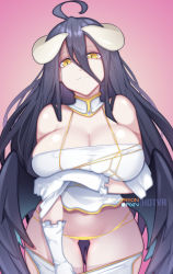 Rule 34 | 1girl, ahoge, albedo (overlord), bare shoulders, black hair, black wings, breasts, cleavage, closed mouth, commentary, english commentary, gloves, gradient background, hair between eyes, highres, horns, hot vr, large breasts, looking at viewer, overlord (maruyama), panties, patreon username, pink background, pixiv username, smile, solo, thighs, underwear, white gloves, white horns, wings, yellow eyes, yellow panties
