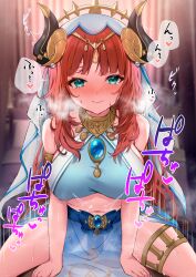 Rule 34 | 1boy, 1girl, ayomo ro, bare shoulders, blush, breasts, closed mouth, cowgirl position, fake-horns, genshin impact, girl on top, green eyes, hetero, highres, large breasts, long hair, looking at viewer, navel, nilou (genshin impact), red hair, see-through, sex, solo focus, straddling, tearing up, thighlet, variant set, white headwear