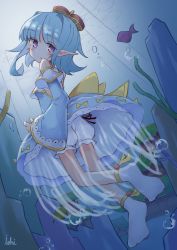 Rule 34 | 1girl, :o, absurdres, air bubble, animal, bare shoulders, bloomers, blue dress, blue hair, blush, bubble, building, commentary request, detached sleeves, dress, fish, from side, highres, ichi (ichi.colors), long sleeves, looking at viewer, looking to the side, no shoes, original, parted lips, pointy ears, purple eyes, signature, sleeves past wrists, socks, soles, solo, swimming, underwater, underwear, water, white bloomers, white socks, wide sleeves