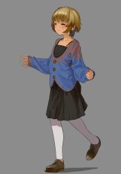 Rule 34 | 1girl, :3, absurdres, attall, blind, brown hair, closed eyes, highres, nanbo ataru (attall), original, pantyhose, short hair, smile, solo, stitches, walking