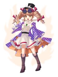 Rule 34 | 1girl, boots, bow, brown footwear, brown hair, collar, dress, dress bow, drill hair, eyewear on head, floral print, frilled collar, frills, full body, hair bow, hat, hat bow, highres, jewelry, mini hat, mini top hat, necklace, open clothes, orange eyes, plus2sf, red bow, rose print, smile, solo, top hat, touhou, white dress, yorigami jo&#039;on