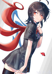 Rule 34 | 1girl, ahoge, asymmetrical wings, black dress, black hair, black thighhighs, blush, breasts, center frills, closed mouth, commentary request, cowboy shot, dress, dutch angle, eyes visible through hair, finger to own chin, frills, from side, highres, houjuu nue, kisamu (ksmz), looking to the side, pointy ears, red eyes, short hair, short sleeves, simple background, small breasts, smile, solo, thighhighs, touhou, ufo, white background, wings