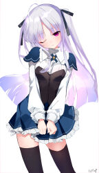 Rule 34 | 1girl, absolute duo, ahoge, breasts, clenched hands, closed mouth, commentary request, highres, long hair, looking at viewer, one eye closed, purple eyes, purple hair, shiromonefu, signature, simple background, small breasts, smile, solo, thighhighs, white background, yurie sigtuna