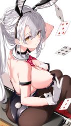 Rule 34 | 1girl, absurdres, animal ears, arm strap, arm up, ass, azur lane, back, bandaid, bandaids on nipples, bare shoulders, between breasts, black choker, black leotard, bow, bowtie, breasts, brown pantyhose, card, card between breasts, choker, cleavage, cross pasties, detached collar, drake (azur lane), fake animal ears, fake tail, fine fabric emphasis, from above, from behind, gloves, hairband, hand on own head, highleg, highleg leotard, highres, instrument, large breasts, leotard, long hair, looking at viewer, looking back, looking up, nipple slip, nipples, object on breast, orange eyes, pantyhose, parted lips, pasties, piano, playboy bunny, playing card, ponytail, rabbit ears, rabbit tail, sitting, solo, strapless, strapless leotard, tail, thighband pantyhose, vayneeeee, white gloves, white hair, wrist cuffs