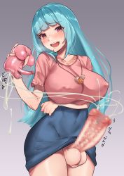 Rule 34 | 1girl, absurdres, arm under breasts, artificial vagina, blue hair, blue shirt, blush, breasts, censored, clothes lift, covered erect nipples, cowboy shot, cum, cum string, ejaculation, erection, futanari, futatama tsukasa, heart, heart-shaped pupils, high-waist skirt, highres, indie virtual youtuber, japanese text, large breasts, light blue hair, long hair, looking at viewer, negi (takuya t), open mouth, orange eyes, penis, pink shirt, sex toy, shirt, simple background, skirt, skirt lift, smile, solo, symbol-shaped pupils, testicles, virtual youtuber, white background