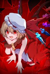 Rule 34 | 1girl, ascot, blonde hair, crystal wings, dress, fang, flandre scarlet, from above, highres, open mouth, red dress, red eyes, short hair, single bare shoulder, skin fang, solo, tanigawa kent, touhou, touhou gensou eclipse, white mob cap, yellow ascot