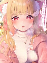 Rule 34 | 1girl, animal ear fluff, animal ears, between breasts, blush, breasts, breath, cat ears, cat girl, christmas, highres, jacket, kemomimi refle!, kuyukian3, large breasts, long hair, looking at viewer, nekoma karin, open clothes, open jacket, pink jacket, pink ribbon, red eyes, ribbon, saliva, second-party source, snowing, solo, strap between breasts, sweater, upper body, virtual youtuber, white sweater, wing hair ornament