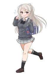 Rule 34 | 1girl, bag, black socks, blush, brown footwear, buttons, cardigan, collared shirt, conte di cavour (kancolle), full body, grey cardigan, grey eyes, grey hair, grey skirt, hair ornament, hairclip, highres, junes, kantai collection, long hair, long sleeves, looking at viewer, open mouth, pleated skirt, school bag, shirt, shoes, simple background, sketch, skirt, socks, solo, white background, white shirt
