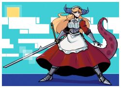 Rule 34 | 1girl, apron, armor, armored boots, armored dress, blonde hair, blue horns, boots, borrowed character, commentary, curled horns, dragon girl, dragon horns, dragon maid (murgoten), dragon tail, dress, frills, full body, gauntlets, hat, holding, holding sword, holding weapon, horns, long hair, looking at viewer, maid, maid apron, mob cap, original, pointy ears, red dress, red tail, shadow, solo, spanish commentary, standing, sword, tail, viosi, weapon, white apron