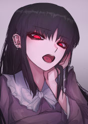 Rule 34 | 1girl, 33 gaff, absurdres, barbell piercing, black hair, ear piercing, earrings, frilled shirt collar, frills, grey background, highres, houraisan kaguya, industrial piercing, jewelry, long hair, looking at viewer, open mouth, piercing, pink shirt, red eyes, ribbon, shirt, solo, stud earrings, teeth, tongue piercing, touhou, upper body, upper teeth only, white neckwear, white ribbon