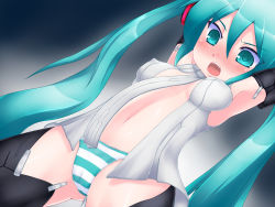 Rule 34 | armpits, arms up, bad id, bad pixiv id, blush, green eyes, green hair, hatsune miku, hatsune miku (append), highres, long hair, navel, open mouth, orebelt, panties, solo, striped clothes, striped panties, thighhighs, twintails, underwear, very long hair, vocaloid, vocaloid append