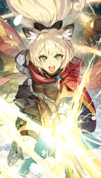 Rule 34 | 1girl, absurdres, animal ear fluff, animal ears, armored boots, blonde hair, boots, gauntlets, green eyes, hide (hideout), highres, holding, holding weapon, long hair, looking at viewer, open mouth, original, ponytail, solo focus, weapon