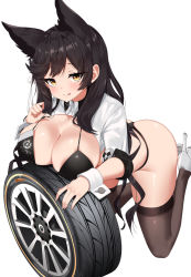 Rule 34 | 1girl, :p, animal ears, ass, atago (azur lane), atago (stunning speedster) (azur lane), azur lane, bad id, bad pixiv id, bent over, bikini, black bikini, black hair, black thighhighs, blush, breast rest, breasts, cleavage, closed mouth, clothes writing, commentary, copyright name, high heels, kneeling, large breasts, lifting own clothes, long hair, orange eyes, race queen, short sleeves, shrug (clothing), simple background, skindentation, smile, solo, strap lift, swimsuit, symbol-only commentary, thighhighs, thong bikini, tire, tongue, tongue out, very long hair, w.k, white background, white footwear, wrist cuffs