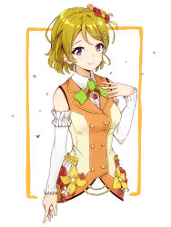 Rule 34 | 10s, 1girl, arm at side, bare shoulders, breasts, brown hair, buttons, center frills, closed mouth, commentary request, cropped torso, detached sleeves, double-breasted, flower, frills, green ribbon, hair flower, hair ornament, hand up, highres, koizumi hanayo, long sleeves, looking at viewer, love live!, love live! school idol festival, love live! school idol project, medium breasts, neck ribbon, orange vest, purple eyes, red flower, red rose, ribbon, rose, senguyen1011, short hair, smile, solo, sweat, two-tone background, upper body, vest, white background, wing collar