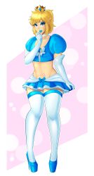 Rule 34 | 1boy, @ @, absurdres, blonde hair, blue eyes, choker, crossdressing, crown, earrings, elbow gloves, eyeshadow, gloves, high heels, highres, jewelry, link, lipstick, makeup, male focus, midriff, miniskirt, navel, nintendo, pointy ears, puffy sleeves, skirt, solo, stomach tattoo, tattoo, the legend of zelda, thighhighs, trap, white thighhighs, xiceowl