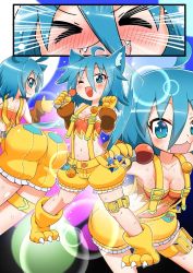 Rule 34 | &gt; &lt;, 1girl, ahoge, alternate costume, animal ears, aqua eyes, ass, bare shoulders, blue hair, blush, brave dungeon, breasts, closed eyes, fangs, from behind, gloves, hajimu, highres, leaning, leaning forward, looking at viewer, looking back, majin shoujo, microphone, open mouth, papelne, shiny clothes, shiny skin, short hair, shorts, small breasts, smile, solo, suspenders, sweat, tail, wolf ears, wolf tail