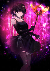 Rule 34 | 1girl, backlighting, black dress, black gloves, black hair, black thighhighs, closed mouth, collarbone, commentary request, dress, elbow gloves, feet out of frame, gloves, glowing, highres, holding, holding staff, knees together feet apart, looking at viewer, magic, magical girl, original, purple eyes, purple theme, short hair, sleeveless, sleeveless dress, smile, solo, staff, standing, tarbo (exxxpiation), thighhighs, zettai ryouiki