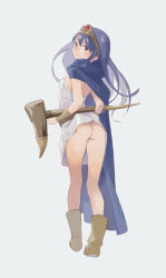 Rule 34 | 1girl, ass, blue hair, blush, breasts, cape, circlet, cleavage, commentary request, dragon quest, dragon quest iii, dress, elbow gloves, from behind, full body, gloves, head tilt, long hair, looking at viewer, no panties, parted lips, popman3580, red eyes, sage (dq3), short dress, simple background, small breasts, solo, staff, thighs