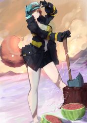 Rule 34 | 1girl, absurdres, animal helmet, arknights, axe, bikini, bikini top only, black gloves, black jacket, black shorts, breasts, brown hair, cleavage, commentary, commission, dokuro deluxe, english commentary, feet out of frame, food, fruit, gloves, helmet, highres, holding, holding axe, jacket, large breasts, looking at viewer, mountainous horizon, aged up, open clothes, open jacket, outdoors, parted lips, shaw (arknights), short hair, shorts, soaking feet, solo, squirrel tail, swimsuit, tail, tree stump, wading, water, watermelon, white headwear, yellow bikini, yellow eyes