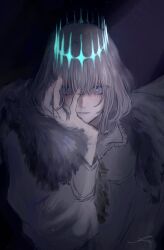 Rule 34 | 1boy, absurdres, black background, blue eyes, cloak, diamond hairband, eyebrows hidden by hair, eyelashes, fate/grand order, fate (series), fektt, fingernails, frilled shirt collar, frills, fur-trimmed cloak, fur trim, grey hair, highres, looking at viewer, male focus, oberon (fate), oberon (third ascension) (fate), parted lips, puffy sleeves, shirt, signature, solo, white shirt
