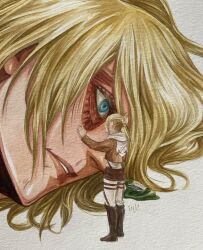 Rule 34 | 2girls, annie leonhart, blonde hair, blue eyes, colored pencil (medium), exposed muscle, expressionless, eye contact, female titan, from above, full body, giant, giantess, highres, looking at another, multiple boys, multiple girls, paradis military uniform, parted lips, photo (medium), shingeki no kyojin, size difference, standing, tafart, titan (shingeki no kyojin), traditional media, training corps (emblem)
