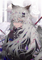 Rule 34 | 1girl, absurdres, animal ears, arknights, black coat, black gloves, blood, blood in hair, blood on clothes, blood on face, character name, coat, commentary, eyelashes, finger to mouth, gloves, grey eyes, grin, hair between eyes, hair ornament, hairclip, highres, index finger raised, lappland (arknights), lappland (refined horrormare) (arknights), long hair, looking at viewer, official alternate costume, sharp teeth, shushing, silver hair, smile, solo, statue, taowu (20809), teeth, upper body, wolf ears