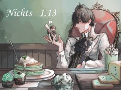 Rule 34 | !, 2boys, absurdres, ascot, black ascot, black coat, black corset, black hair, cake, cake slice, chair, coat, collar, collared shirt, corset, crown, cup, cupcake, cutting board, dress shirt, drinking glass, drinking straw, fatalbug896, food, fork, german text, hair between eyes, hand up, highres, holding, holding paper, ice cream, in palm, indoors, long sleeves, looking at another, male focus, mini person, miniboy, multiple boys, original, pancake, paper, plate, profile, shirt, short hair, sitting, sleeves past fingers, sleeves past wrists, speech bubble, spoken exclamation mark, table, whipped cream