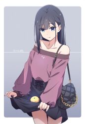Rule 34 | 1girl, bag, black bag, black hair, black skirt, blue eyes, closed mouth, clothes lift, collarbone, commentary request, dated, grey background, highres, lifted by self, long sleeves, looking at viewer, medium hair, monai-chan (nii manabu), nii manabu, off-shoulder shirt, off shoulder, original, red shirt, shirt, signature, skirt, skirt lift, smile, solo