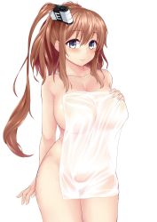 Rule 34 | 10s, 1girl, absurdres, arm support, bad id, bad pixiv id, blue eyes, breasts, brown hair, covering privates, hair between eyes, hand on own chest, highres, kantai collection, large breasts, long hair, looking at viewer, naked towel, nude cover, ponytail, saratoga (kancolle), see-through, side ponytail, sideboob, sitting, smile, solo, thighs, tomo (tomojo 8), towel, wet, wet towel, white towel