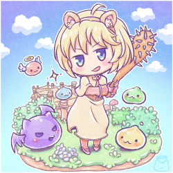 Rule 34 | 1girl, :d, acolyte (ragnarok online), ahoge, angeling, animal ears, blonde hair, blue eyes, blush, border, brown capelet, brown gloves, brown pantyhose, brown shirt, brown skirt, capelet, chibi, cloud, club, club (weapon), commentary request, deviling, drops (ragnarok online), fake animal ears, full body, gloves, holding, holding weapon, long sleeves, marin (ragnarok online), nyamen2828, open mouth, pantyhose, poporing, ragnarok online, shirt, shoes, short hair, skirt, slime (creature), smile, sparkle, spiked club, standing, weapon, white border