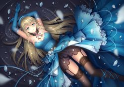 Rule 34 | 10s, 1girl, adapted costume, alternate legwear, ankle lace-up, arms up, atago (kancolle), bare shoulders, beret, black thighhighs, blonde hair, blue dress, blue gloves, blush, breasts, cross-laced footwear, dress, elbow gloves, flower, garter straps, gloves, green eyes, hat, kantai collection, lace, lace-trimmed dress, lace-trimmed gloves, lace-trimmed legwear, lace trim, large breasts, long hair, long legs, lying, on back, parted lips, personification, petals, ribbon, ripples, smile, solo, thighhighs, tidsean, water