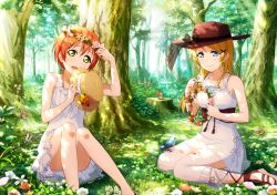 Rule 34 | 10s, 2girls, ayase eli, bare shoulders, bird, blue eyes, blush, bow, bracelet, bug, butterfly, dappled sunlight, dress, flower, forest, green eyes, hat, head wreath, highres, hoshizora rin, bug, jewelry, long hair, looking at viewer, love live!, love live! school idol festival, love live! school idol project, multiple girls, nature, non-web source, open mouth, orange hair, short dress, sitting, smile, squirrel, sunlight